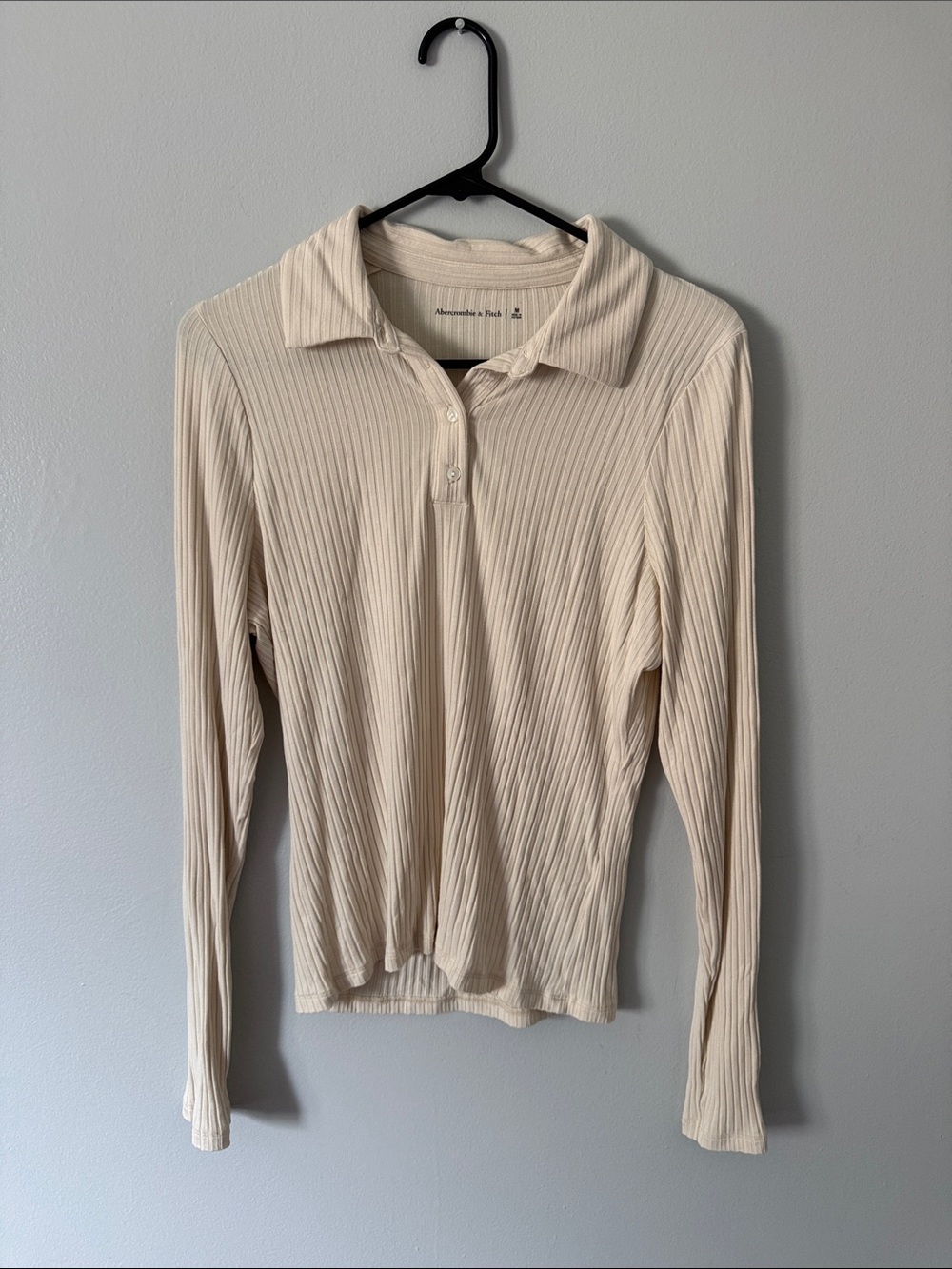 Abercrombie & Fitch Ivory Ribbed Long-Sleeve Polo